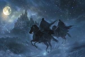 Chevaux volants vers un château