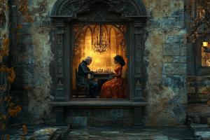 Vieille homme et jeune femme jouant aux échecs